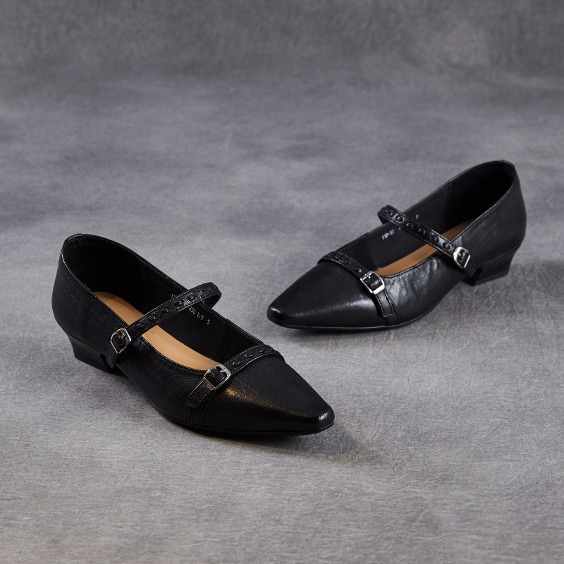 Shoes For Women Flats - รองเท้าส้นเตี้ยสีน้ำตาลดำสไตล์เกาหลีสำหรับผู้หญิง หัวเหลี่ยม สายรัดหัวเข็มขัด ดีไซน์หวาน รองเท้าแมรี่เจนส์ ทำมือ
