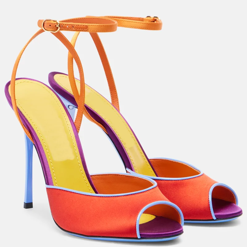Women'S Shoes Peep Toe - รองเท้าส้นสูงแบบเปิดนิ้วเท้า สีผสมผสาน ผ้าซาติน ดีไซน์เซ็กซี่ หัวมน ส้นบาง