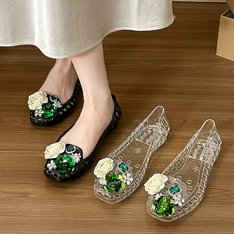 Jelly Sandal Women - รองเท้าเจลลี่ประดับดอกไม้คริสตัลหรูหรา ประดับเลื่อมวิบวับ สไตล์เกาหลี สำหรับผู้หญิง ฤดูร้อน รองเท้าแตะแบบโปร่ง