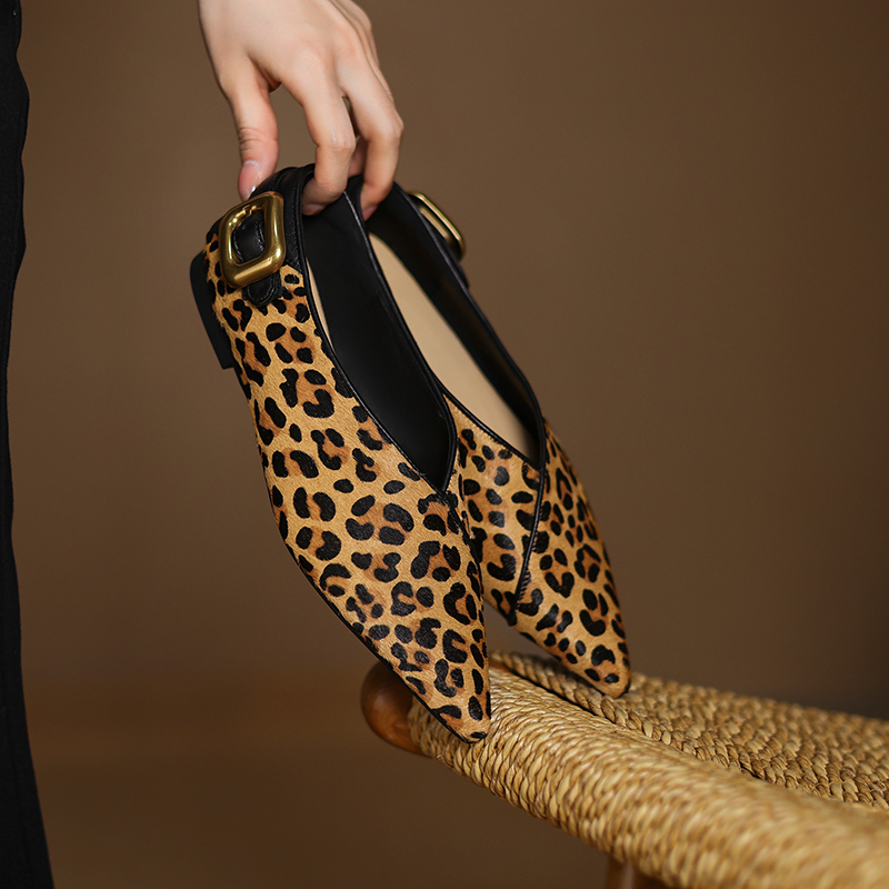 Shoes For Women Flats - รองเท้าแฟชั่นส้นแบนหนังแท้ลายเสือดาว ปลายแหลม สไตล์หัวเข็มขัด แบบสวม รุ่นใหม่ ฤดูใบไม้ผลิ
