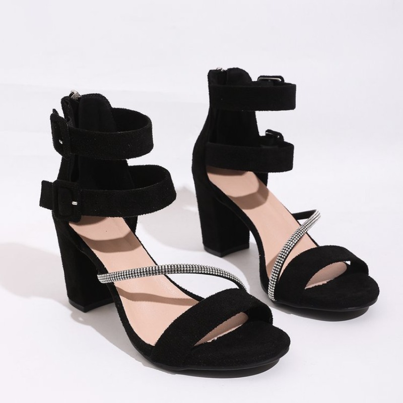 Women'S Shoes Peep Toe - รองเท้าผู้หญิงแบบสวมเปิดนิ้วเท้า ส้นหนา สายรัดแบบหัวเข็มขัด วัสดุหนังกลับ สำหรับฤดูร้อน ดีไซน์เรียบง่าย