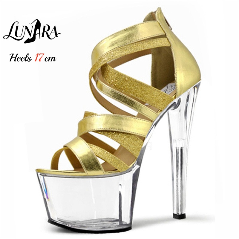 Metallic Heel Sandal - รองเท้าส้นสูงแบบเปิดนิ้วเท้าสีทองเมทัลลิก 17 ซม./7 นิ้ว พร้อมสายรัด ซิป