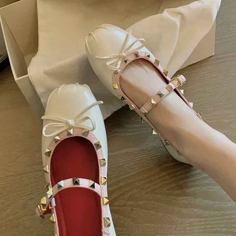 Shoes For Women Flats - รองเท้าส้นแบนผู้หญิงแบบแมรี่เจน รองเท้าบัลเล่ต์ผูกโบว์ สายรัดหัวเข็มขัด หัวเหลี่ยม สีแดง Zapatillas