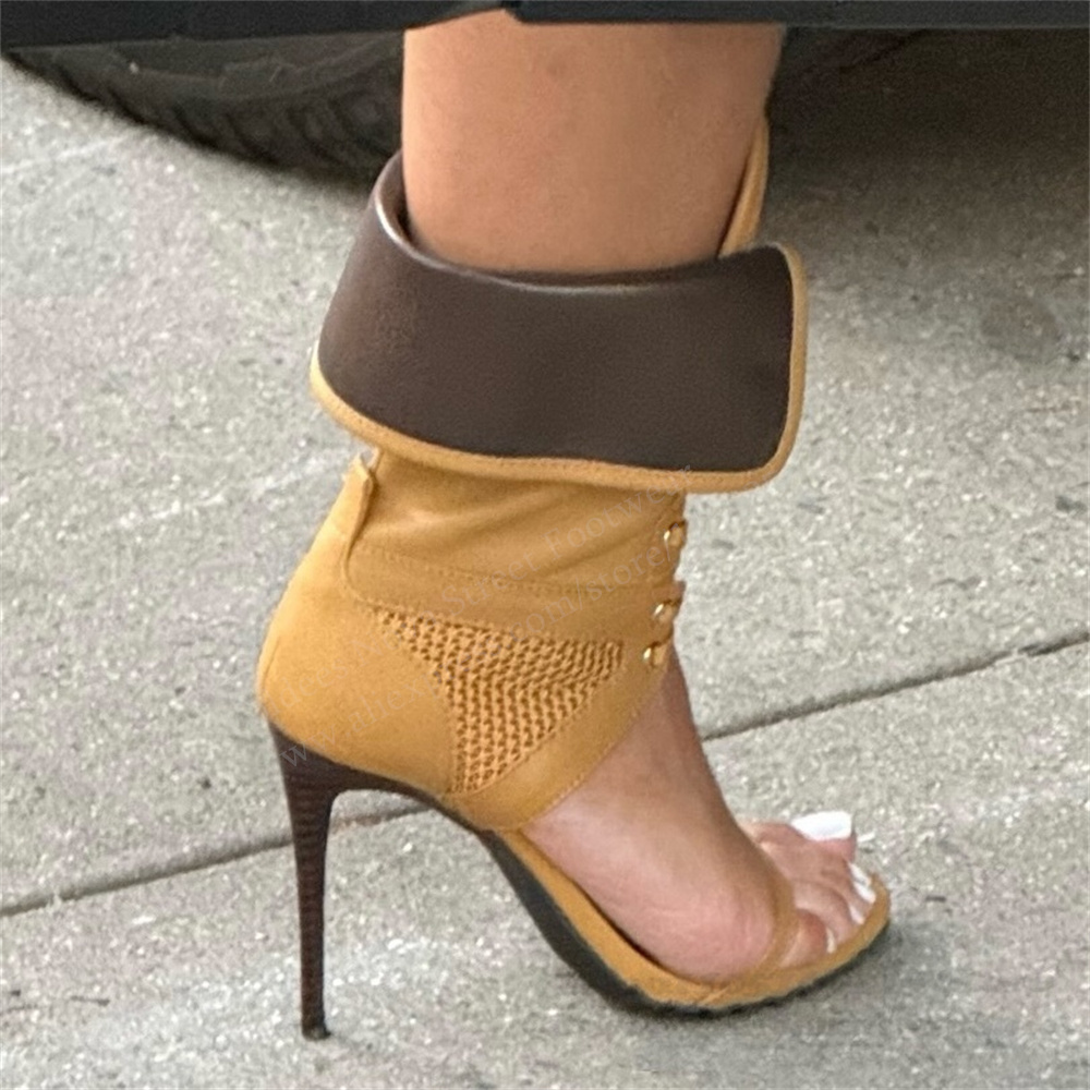 Women Shoes Formal - รองเท้าส้นสูงแบบเปิดนิ้วเท้าสำหรับผู้หญิง ดีไซน์ผูกเชือก หนังแท้ สวยหรู ดูเซ็กซี่ พับได้