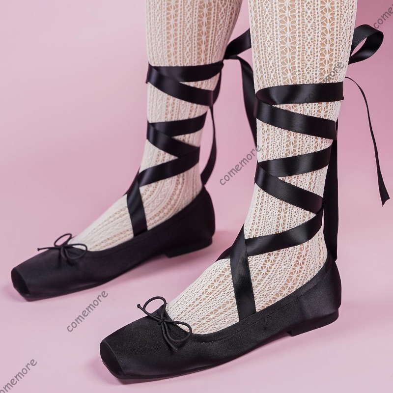 Shoes For Women Flats - รองเท้าบัลเล่ต์ผูกเชือกแบบผูกข้อเท้า หัวเหลี่ยม ผ้าซาติน สำหรับผู้หญิง รองเท้าโลลิต้า พื้นนุ่ม