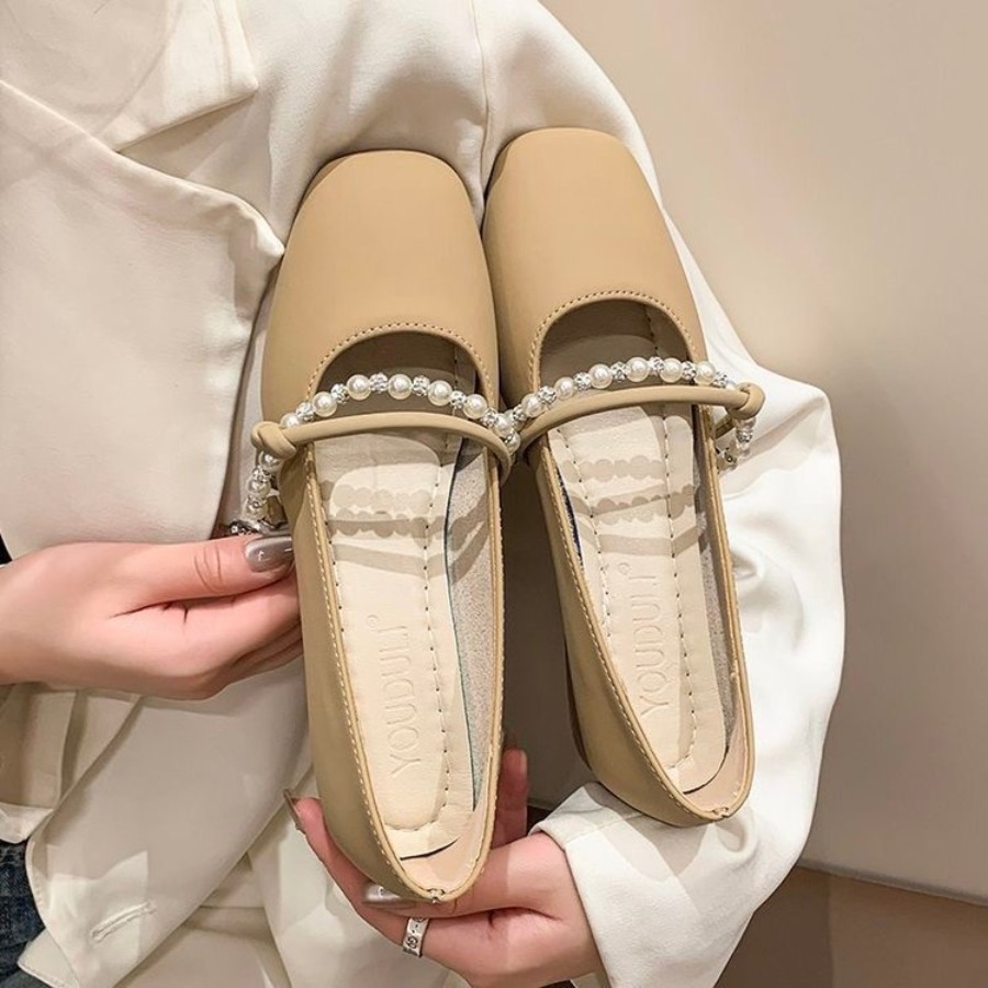 Shoes For Women Flats - รองเท้าส้นเตี้ยแบบฝรั่งเศส ดีไซน์หรูหรา ประดับมุก หนังนิ่ม สวมใส่สบาย ไม่ลื่น