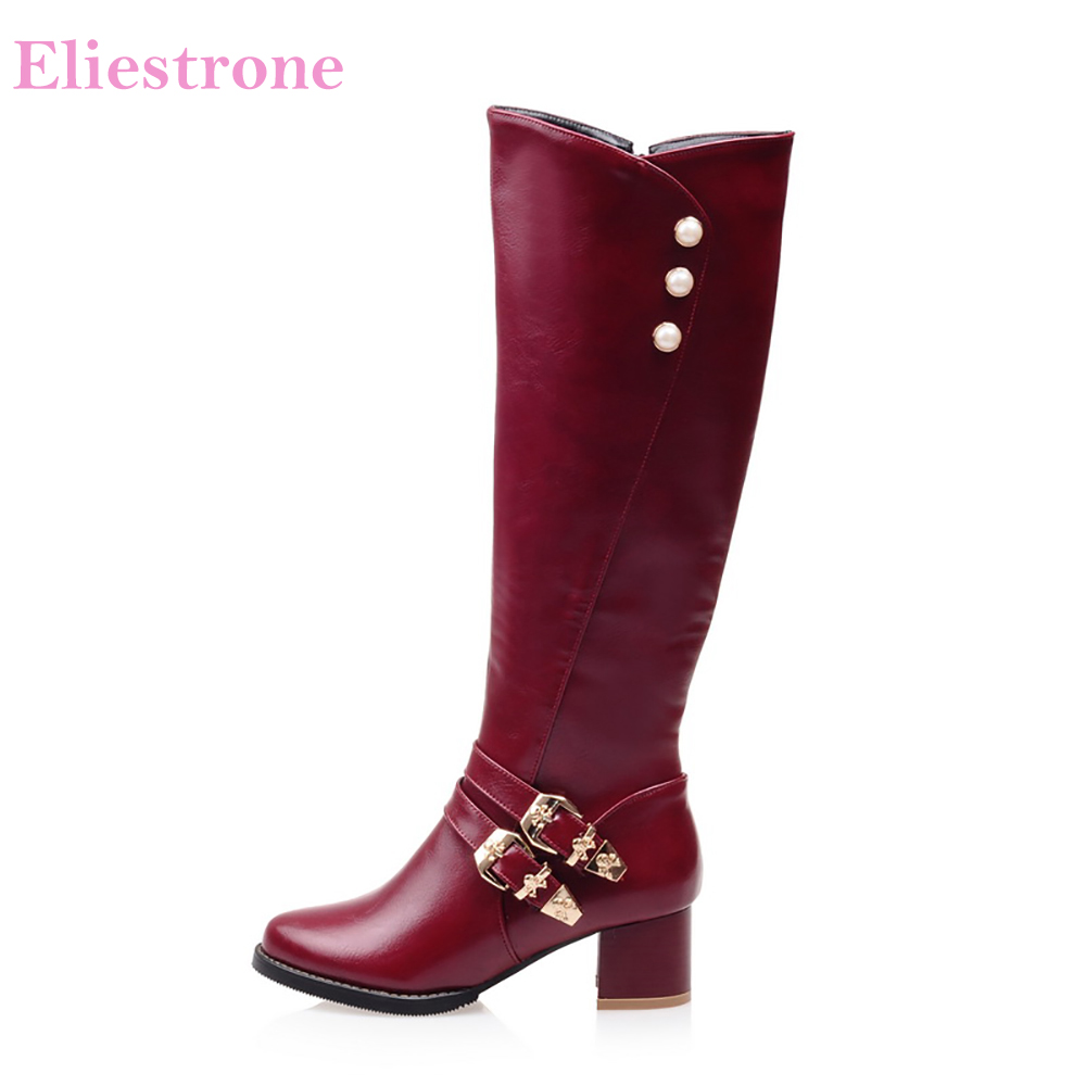 Women'S Shoes Big Feet - แฟชั่นใหม่เอี่ยมรองเท้าบู๊ตสูงถึงเข่าสำหรับผู้หญิงสีดำสีแดงส้น2นิ้วรองเท้ารองเท้าสุภาพสตรี HL21ขนาดใหญ่ไซส์12 31 45 52