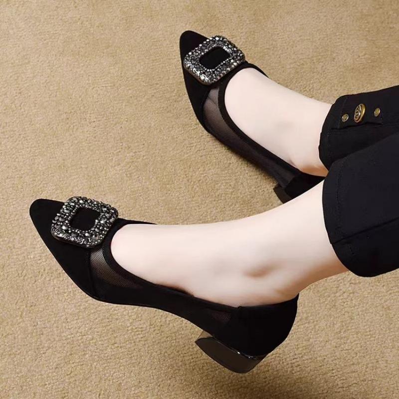 รองเท้าส้นบล็อกหัวแหลมแบบตาข่า - Women Shoes Formal บทวิจารณ์และราคา